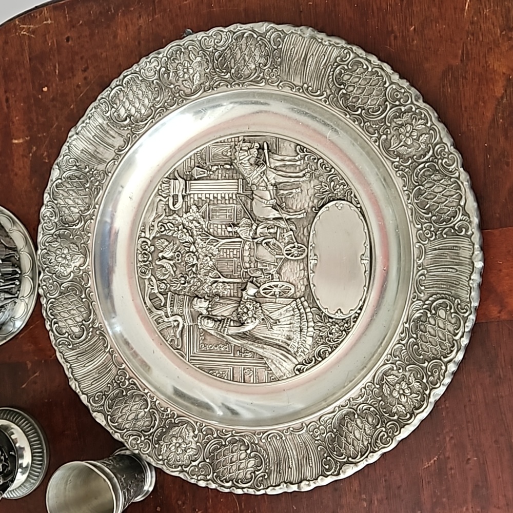 Vintage German Pewter Plate, Glasses and Candle Holder - Picture 2 of 15